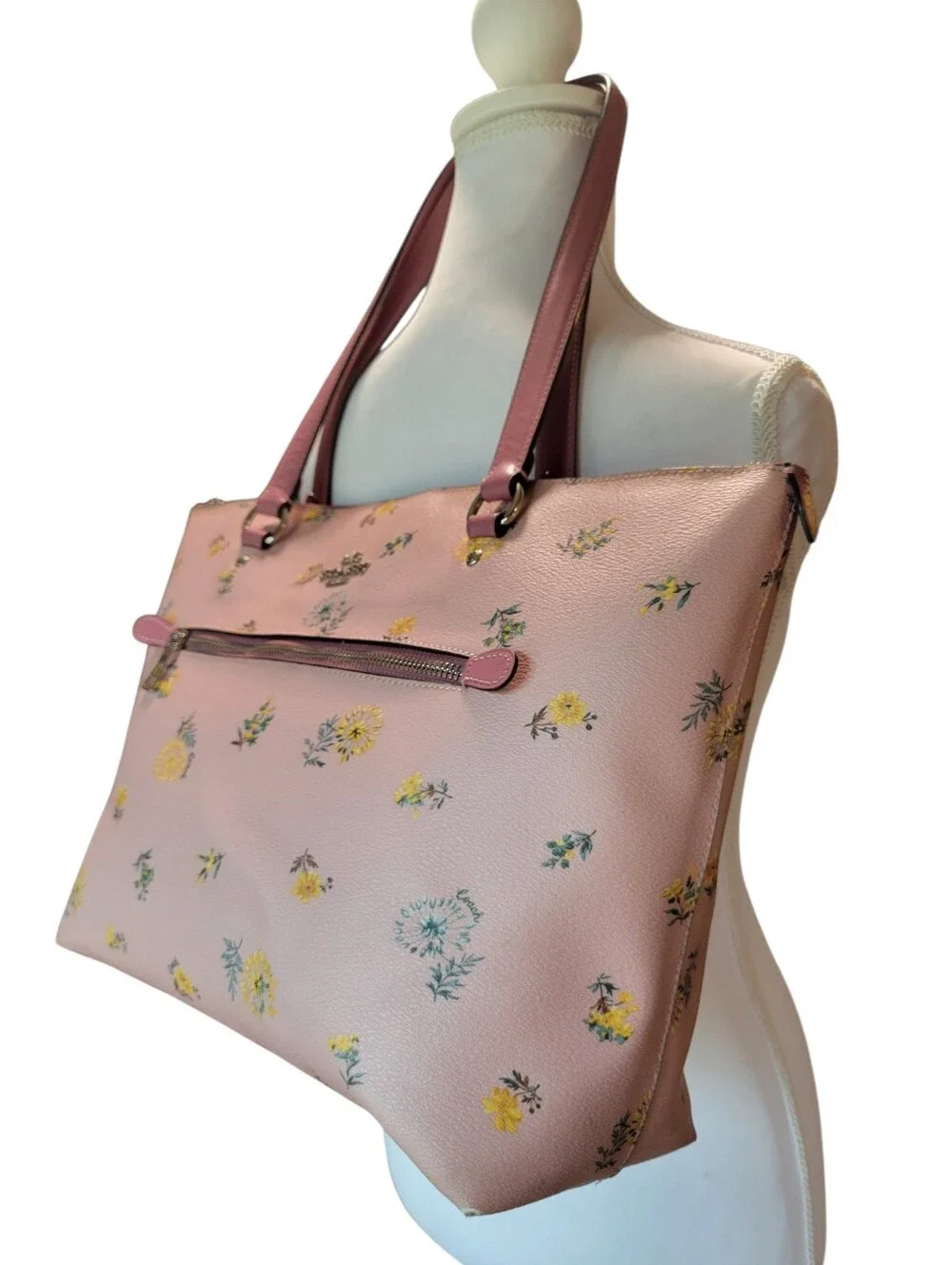 Coach Coated Canvas Gallery Tote Pink Yellow Dandelion Floral Print Bag & Wallet